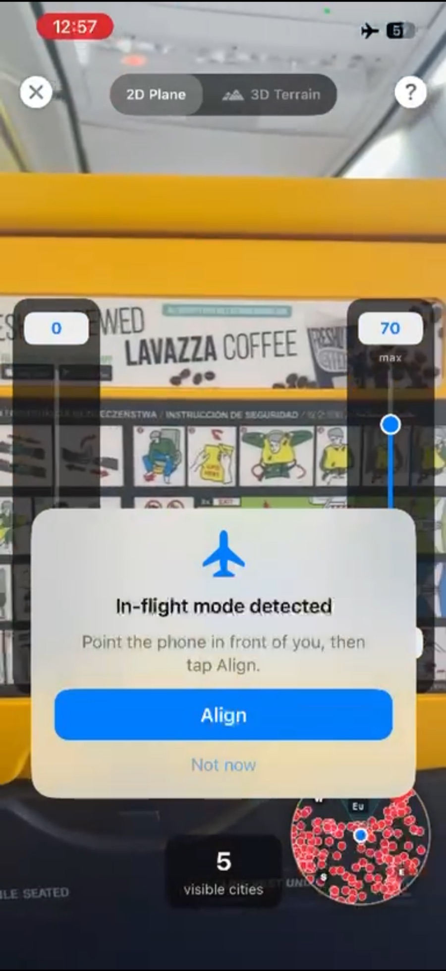 CitySpotter in-flight mode detected card: point the phone in front of you, then tap Align