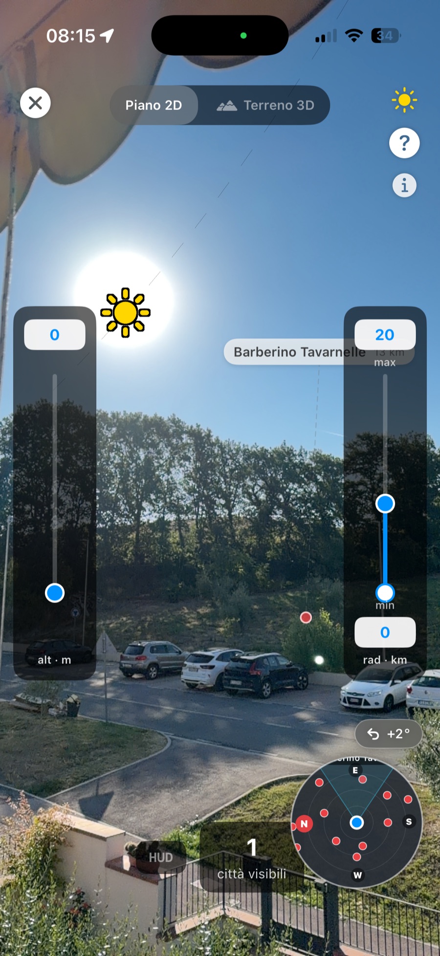 CitySpotter manual alignment: the on-screen Sun dragged onto the real Sun for exact alignment
